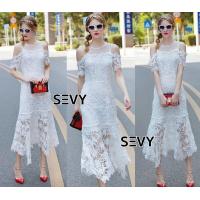 ราคา เดรสลูกไม้สีขาวเปิดไหล่อกซีทรู (21410362089)