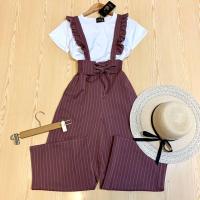 ราคา clo ชุดเอี๊ยมแฟชั่นขายาว เสื้อยืดสีขาวพร้อมเอี๊ยมกางเกงขายาวแต่งสายระบายช่วงเอวร้อยเชือกผูกโบว์น่ารักๆ (21439572293)