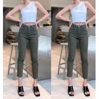 ราคา ยีนส์ผ้ายืดสีเขียวขี้ม้า ทรงบอยกระบอกเล็ก เอวสูง Size S XL (16702670634)