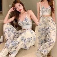 ราคา ส่งไว สต็อกไทย ชุดเซ็ตเสื้อสายเดี่ยว กางเกงเอวยางยืดขาจั๊ม ลายดอกโทนฟ้า (15599237366)