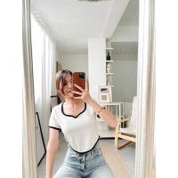 ราคา 102 Topshop เสื้อแขนสั้นคอวีปลายเว้าคอหยดน้ำ (18301395715)