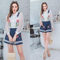 ราคา ป้าย Queen เซทเสื้อแขนยาวคอปก งานปักลายดอกไม้สวยๆ มาพร้อมกางเกงยีนส์งานปักหวานๆ (21289324143)