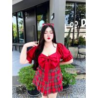 ราคา สาวอวบ ชุดเซ็ตสาวอวบ เซ็ตโบว์ กระโปรง ลายสก็อต อก 38 40 42 44 46 (21406450791)