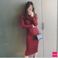 ราคา K18 Korean ชุดเดรสไหมพรมผ้าร่อง แขนยาว คอเต่า ทรงสวยเข้ารูป ผ้ายืดได้เยอะ (639286813)