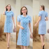 ราคา ชุดทำงานผ้าไทย เดรสผ้าทอลาย แต่งผ้าไหมญี่ปุ่น คอบัว แขนตุ๊กตา (18244040096)