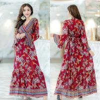 ราคา ชุดเดรสสปันเกรดAสีแดงผ้าไม่ยืดคอวีป้ายกิโมโนแขนกระดิ่ง มีเชือกผูกหลังเดรสสไตล์โบฮีเมี่ยน34 46 48 (12146116904)