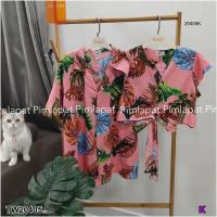 ราคา PP20405 เซตคู่ เสื้อเชิ้ตฮาวาย เสื้อแขนระบายผูกเอว ลายใบไม้ (21409508247)