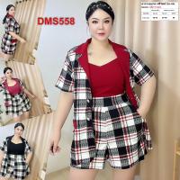 ราคา ชุดเซต 3 ชิ้น เสื้อ เสื้อคลุม กางเกงขาสั้น สาวอวบ อ้วน ผ้าวูลเวฟ ชุดเซท 2XL 3XL ชุดผู้หญิง DMS558 (21493820787)