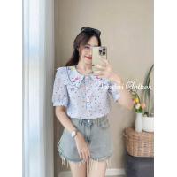 ราคา เสื้อแขนสั้นลายจุดปักดอกทิวลิป (21329307501)