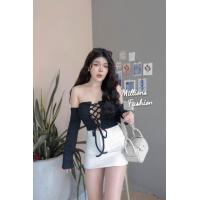 ราคา เสื้อครอป ปาดไหล่แหวกอกแต่งเชือก (20803745433)