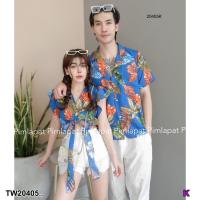ราคา PP20405 เซตคู่ เสื้อเชิ้ตฮาวาย เสื้อแขนระบายผูกเอว ลายใบไม้ (21409508248)