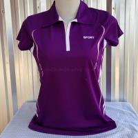 ราคา เสื้อออกกำลังกาย เสื้อกีฬา Sports สีม่วงแถบขาว คอปก คอวี เนื้อผ้าคุณภาพสูง Polyester (21466716113)