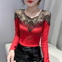 ราคา เสื้อฤดูใบไม้ผลิและฤดูใบไม้ร่วงแขนยาวติดเพชรงานประณีตฉลุลายผ้าตาข่ายแบบใหม่ปี2023ชุดผู้หญิงเสื้อยืดเข้ารูปเสื้อตัวใน INS อินเทรนด์ (12404787486)