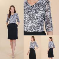 ราคา เดรสชุดทำงาน เสื้อกระโปรงเย็บติดกัน ตัวเสื้อผ้าชีฟองขาวดอกดำ และลายจุดกรมเข้ม ระบายคอแต่งกระดุมปั้ม แขนปล่อยยาวประมาณศอก กระโปรงผ้าพื้นบาร์บี้ยืดหยุ่นนิด ๆ มีกระเป๋ากระโปรง ผ่าหลัง งานซับในทั้งชุด ซิป