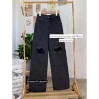 ราคา กางเกงยีนส์ทรงเอวสูงสีดำฟอกป้ายVintage Jeans9414 (14956357913)