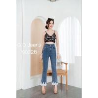 ราคา กางเกงยีนส์ขาม้าเล็กปลายขาต่อมุกแบบสวยมากผ้ายืดเอวสูง 90328 (19467830244)