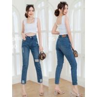 ราคา กางเกงยีนส์ทรงบอยสลิมสียีนส์ฟ้าแต่งขาดผ้าไม่ยืดเอวสูง 90290 (19467735679)