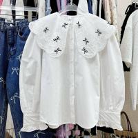 ราคา เสื้อเชิ้ทแขนพองตุ๊กตา ปกใหญ่ Ribbon lace blouse รอบตัวฉลุลูกไม้เย็บโบว์ (21527935465)