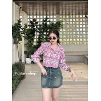 ราคา เสื้อครอปแขนยาว ลายแมว เสื้อเชิ๊ตทรงครอปแขนยาวคอปกกระดุมหน้า (21465165709)