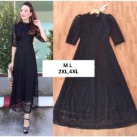 ราคา เดรสลูกไม้ดำ M 4XL Maxi Dress เดรสสีดำผ้าปักลายแขนสามส่วน งานป้าย Love love (17969117377)