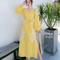 ราคา Maxi Bohemian Dress ผ้าลินินผสมฝ้าย เดรสไปทะเล เดรสยาวโบฮีเมียนทรงตรงผ่าข้างผ้าลินินผสมฝ้าย แขนยาว งานปักลาย พร้อมเชือกผูกเอวแต่งพู่ (13345163670)