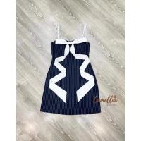 ราคา S M มือ1 CAMELLIA มินิเดรสสายเดี่ยวลายทางสีกรม แต่งโบว์อก ใส่สวยน่ารักสุดๆ ป้าย CAMELLIA (21512589291)