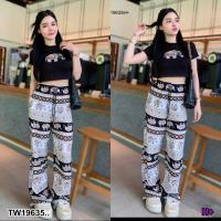 ราคา Set 2 ชิ้น เสื้อครอป กางเกงขายาว ลายช้าง ผ้าคัตตอลผสมผ้าเรย่อนยืด AP19635 (21410320576)