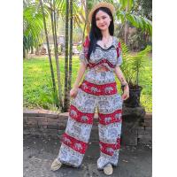 ราคา ชุดเช็ตลายช้าง กางเกงเอวยืด กับเสื้อ รูด อก ลายช้าง สีขาวแดง (21519058297)