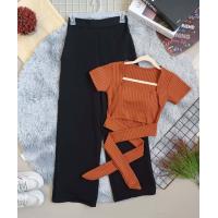 ราคา ชุดเซท กางเกงขายาวผ้าฮานาโกะ เสื้อครอปผูกเอว ชุดน่ารักๆ เอวยืด24 30 เสื้ออก32 36 (15635391606)
