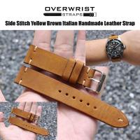 ราคา สายนาฬิกา สายหนังวัวแท้ overwrist side stitch yellow brown italian handmade leather strap (10285354651)