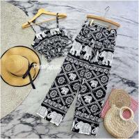 ราคา set 2 ชิ้น เสื้อครอปสายเดี่ยวลายช้าง เอวจั้มตัดต่อมีสม๊อคที่เอว กางเกงขายาวผูกโบว์ (21411005008)