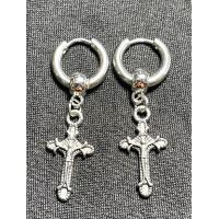 ราคา ราคา1คู่ ต่างหูห่วงสแตนเลสแท้ห้อยจี้ไม้กางเขนสีเงินรมดำ ขนาด 2 5x10x40mm (21402812605)