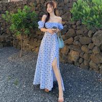 ราคา K2 แฟชั่น ชุดเดรสยาวผ่าหน้าสีขาวลายดอกน้ำเงิน แขนตุ๊กตาคอกว้าง (16620429822)