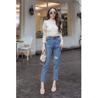 ราคา ยีนส์สาวอวบทรงบอยเอวสูงแต่งขาด (19955109557)