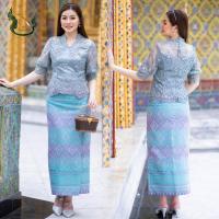 ราคา เสื้อลูกไม้ เกรดพรีเมี่ยม ชุดออกงาน ชุดไปวัด ชุดทำบุญ ผ้าถุง ผ้าไหมทอเครื่อง มัดหมี่ 3 ตะกอ สีเขียวหม่นเทา (21062507698)