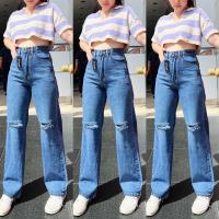 ราคา กางเกงยีนส์ขากระบอกผ้า ไม่ยืด เอวสูง สีสโนว์ ขาดเข่า งานป้ายATOM สำหรับผู้หญิง (20934802040)