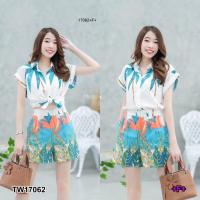 ราคา TW17062 set 2 ชิ้น เสื้อเชิ้ตแขนเบิ้ลลายต้นมะพร้าว กางเกงขาสั้นลายต้นมะพร้าว (10617040905)