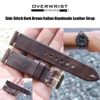 ราคา สายนาฬิกา สายหนังวัวแท้ ovewrist side stitch dark brown italian handmade leather strap (10285355686)