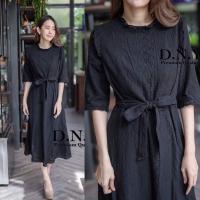 ราคา เดรสดำออกงาน M 2XL Maxi Dress เดรสสีดำผ้าฉลุลายแขนทรงสามส่วน สายผูกเอว งานป้าย DNY (18886317675)