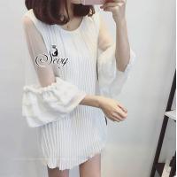 ราคา เสื้อหรือเดรสสั้นทรงปล่อย อัดพลีททั้งตัว ช่วงแขนผ้าซีทรู (21516290762)