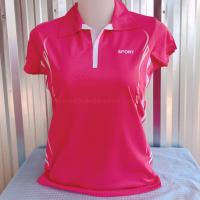 ราคา เสื้อออกกำลังกาย เสื้อกีฬา Sports สีชมพูแถบขาว คอปก คอวี เนื้อผ้าคุณภาพสูง Polyester (21470577978)