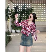 ราคา เสื้อครอปแขนยาว ลายแมว เสื้อเชิ๊ตทรงครอปแขนยาวคอปกกระดุมหน้า (21465165708)