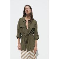 ราคา ZARA แบรนด์แท้ เสื้อเชิ๊ตทรงยาว สีเขียวขี้ม้า (20257675580)