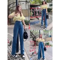 ราคา กางเกงยีนส์ขากระบอกผ้ายืด เอวสูง ขาดเข่า ปลายขาตัด ยาว 38 39 งานป้ายอะตอม สำหรับผู้หญิง (21253963832)