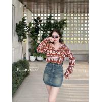 ราคา เสื้อครอปแขนยาว ลายแมว เสื้อเชิ๊ตทรงครอปแขนยาวคอปกกระดุมหน้า (21465165710)