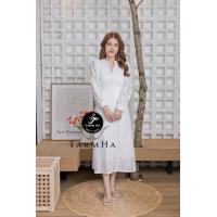 ราคา เดรสขาวงานบุญ มี4สี S 6XL Maxi Dress เดรสสีขาวแขนศอกและแขนยาวผ้าฉลุลาย งานป้าย Tarm Ha (21402151109)