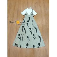 ราคา เดรสยาวลายดอกทิวลิปเทาดอกดำ งานป้าย ladysunshine N767 (21646797505)