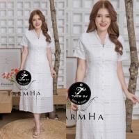 ราคา เดรสขาวรับงานบุญ ชุดไปวัด S L Maxi Dress เดรสสีขาวแขนสั้นผ้าฉลุลายกระดุมหน้า งานป้าย Tarm Ha (21365199357)