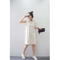 ราคา PU 19826 เดรสแขนกุดคอปกเชิ้ต แต่งกระดุมเปิดได้ มีกระเป๋าด้านหน้า แต่งกระดุมหลัง ผ้าลินิน ommishop (19680237318)