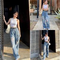 ราคา M57 กางเกงยีนส์เอวสูงทรงบอยสีฟอกแบบขาดขา สวยมาก (21228673669)